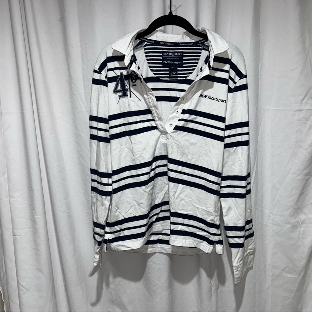 BMW Henri Lloyd Yachtsport Henley Shirt Button Front Striped Long Sleeve Polo L
